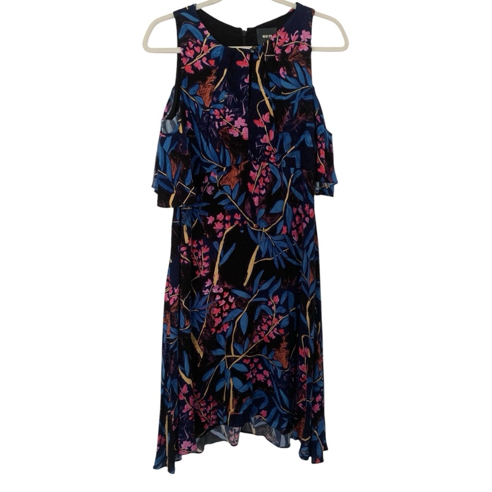 Anthropologie Maeve Elia Blue & Pink Floral Cold Shoulder Feminine Dress